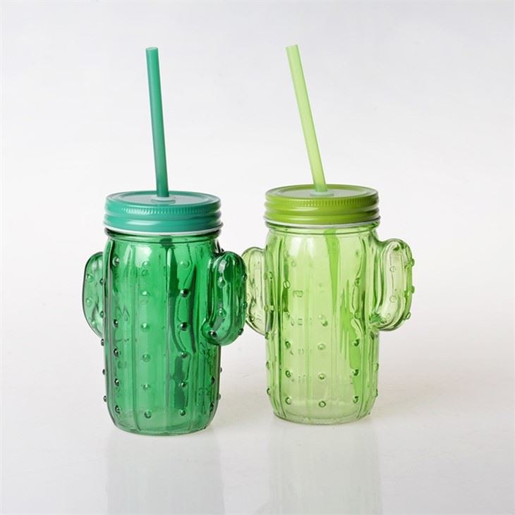 Glass Cactus Shaped Jar With Straw