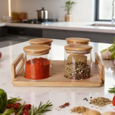 लकड़ी की ट्रे के साथ 4-टुकड़ा गोल ग्लास भंडारण