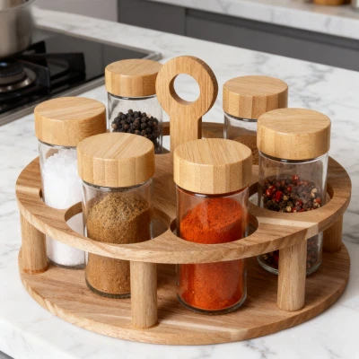 गोल स्टैंड के साथ 6-पीस ग्लास स्पाइस जार सेट